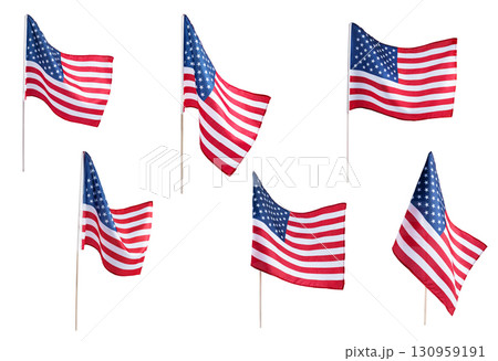 Collection of United States flag isolated on white background, symbol of unity and freedom. US flags great for graphic design, posters, and patriotic holiday projects. 130959191