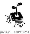 Eco Technology Concept Microchip with Growing Plant Silhouette. 130959251