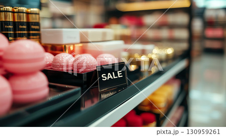 Cosmetic products on display with sale sign, inviting shoppers to explore 130959261