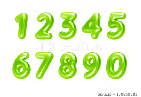 Glossy green 3d balloon numbers. Chrome font for eco design, party flyer, discount banner, birthday card, modern poster, digital template, isolated vector illustration 130959383