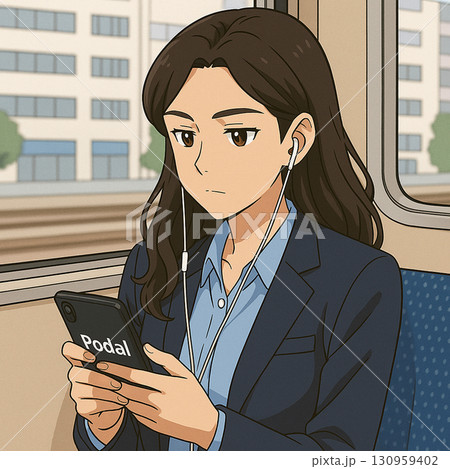 アニメ画、美人OL、通勤中に好きなPodcast（英語と日本語ミックス）を聴く 130959402