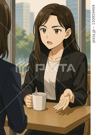 アニメ画、美人OL、社内カフェで積極的なトークで同僚と話している 130959404