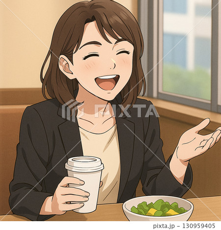アニメ画、美人OL、社内カフェでランチしながら同僚と談笑 130959405