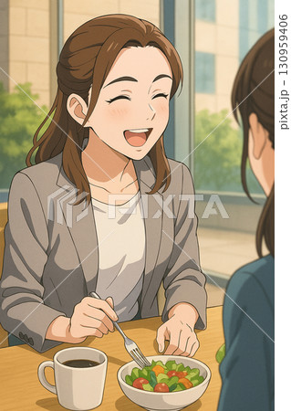 アニメ画、美人OL、社内カフェでランチしながら同僚と談笑 130959406