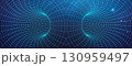 Wormhole data tunnel with 3D cyber texture and futuristic digital vortex. Abstract wireframe portal or time warp effect for tech background. AI powered grid transition or light speed pipe. 130959497