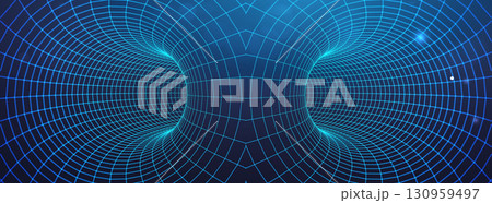 Wormhole data tunnel with 3D cyber texture and futuristic digital vortex. Abstract wireframe portal or time warp effect for tech background. AI powered grid transition or light speed pipe. 130959497