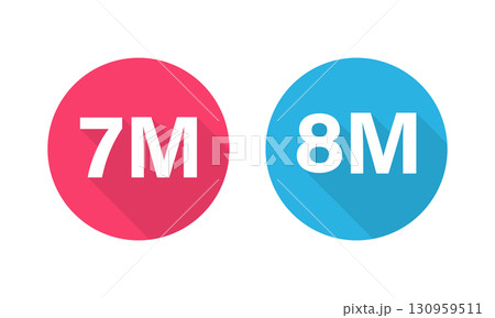 7M and 8M Circular Icons Displaying in Red and Blue with Long Shadow. 130959511