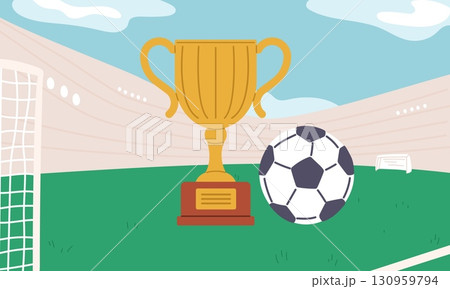 Golden trophy cup and soccer ball on stadium field. Football award. Gold goblet. Championship achievement. Sport competition. Team league. Winning reward. Victory trophy. Vector concept 130959794