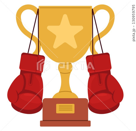 Golden trophy cup with boxing gloves. Prize for winning boxers tournament or match. Sport award ceremony. Victory gold goblet. Fight championship. Kickboxing competition. Vector concept Golden trophy cup with boxing gloves. Prize for winning boxers tournament or match. Sport award ceremony. Victory gold goblet. Fight championship. Kickboxing competition. Vector concept 130959795