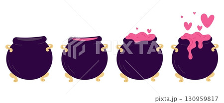 Metal cauldron with magic spell potion. Stages of preparation of love elixir. Fantasy pot with toxic smoke. Aphrodisiac essence drink. Witchcraft and alchemy boiler. Vector magical set 130959817