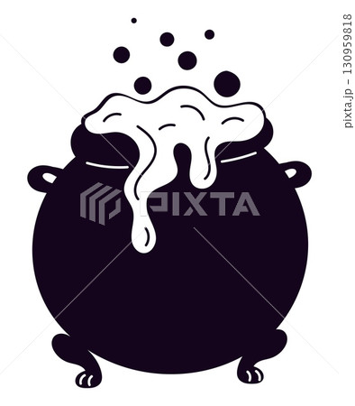 Metal magic cauldron with boiling magical witch potion. Toxic smoke and bubbles. Black alchemy boiler pot. Fantasy essence substance brewing. Vector dark silhouette on white background 130959818