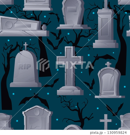 Night cemetery with graves and gravestones. Graveyard seamless pattern. Autumn bare trees or bats. Old gothic stone crypt. Repeated print. Spooky RIP tomb. Vector Halloween background 130959824
