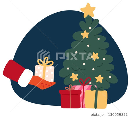 Santa Claus hand with gift places box under Christmas tree. Decorated festive fir. Arm with sleeve giving present. Winter holiday celebration. Noel putting Xmas surprises. Vector concept 130959831