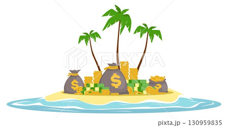 Tropical island offshore with palm trees, bags of money, wads of bills and gold coins. Financial fraud and corruption. Beach sea shore. Deposit account in foreign bank. Vector concept Tropical island offshore with palm trees, bags of money, wads of bills and gold coins. Financial fraud and corruption. Beach sea shore. Deposit account in foreign bank. Vector concept 130959835