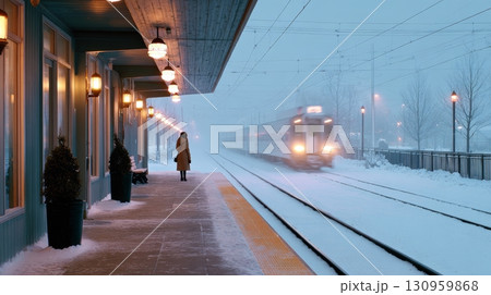 Female figure on snowy train platform at dusk with approaching train in misty winter landscape. Female figure on snowy train platform at dusk with approaching train in misty winter landscape. 130959868
