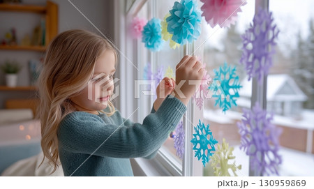 Young caucasian girl decorating window with colorful paper snowflakes in winter. 130959869