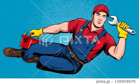 Male cartoon plumber with wrench and toolbox in blue overalls on pop art background. 130959870