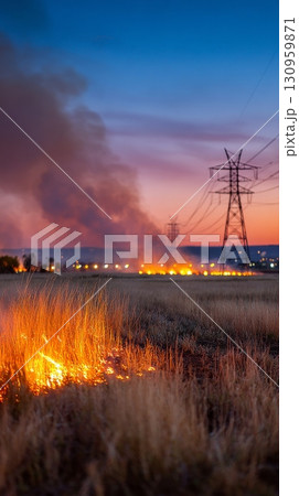 Wildfire near power lines at sunset with smoke plumes and burning field. 130959871