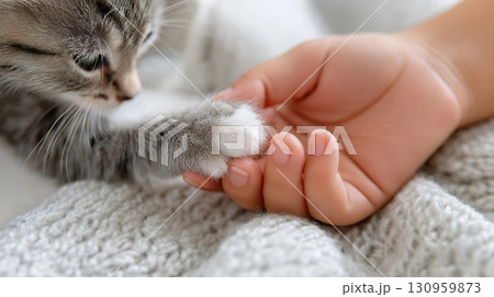 Soft gray kitten paw touching human hand on cozy blanket. 130959873