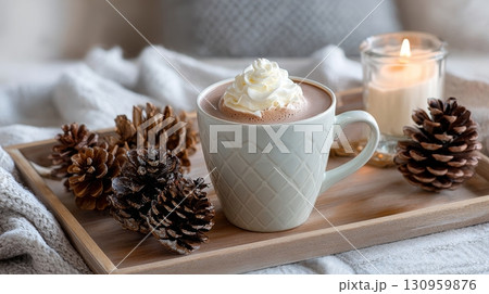Cozy winter scene with hot chocolate, pine cones, and candlelight on tray. 130959876