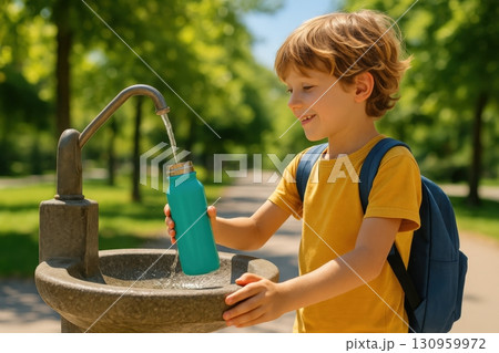 Child fills blue water bottle at public fountain on sunny day in park 130959972
