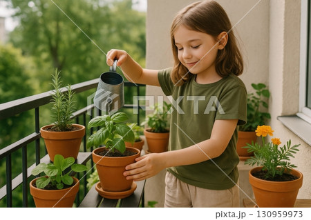 Child happily watering plants on a sunny balcony in the afternoon, nurturing green herbs and flowers in terracotta pots Child happily watering plants on a sunny balcony in the afternoon, nurturing green herbs and flowers in terracotta pots 130959973