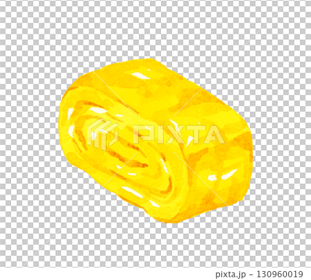 A slice of tamagoyaki egg dish, hand-drawn watercolor illustration 130960019
