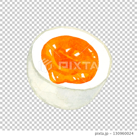 半分に切ったゆで卵（半熟）　卵料理の手描き水彩イラスト素材 130960024