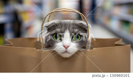 Adorable Scottish Fold cat peeking out of a brown paper bag with big green eyes. 130960101