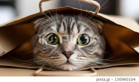 Curious cat peeking out of a paper bag Curious cat peeking out of a paper bag 130960104