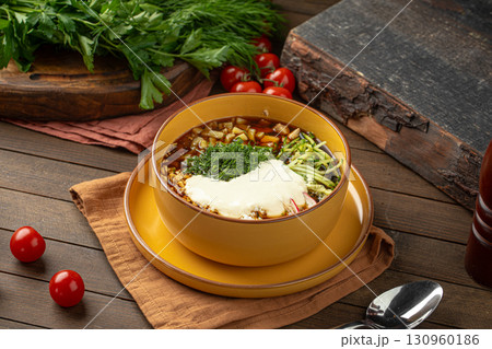 Okroshka soup with kvass and vegetables Okroshka soup with kvass and vegetables 130960186