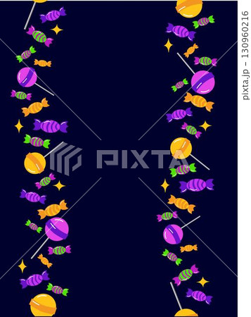 Vertical seamless border frame with candy and lollypops on a dark background. Happy Sweetest Day and halloween. Vector Template for posters, postcards, cards, banners, packaging, menu 130960216