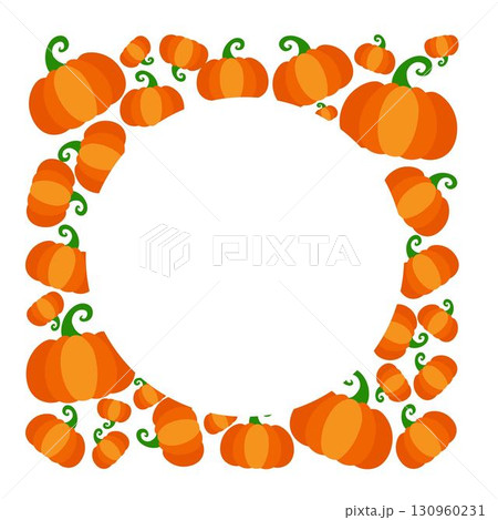 Thanksgiving pumpkin circle frame. Cartoon illustration. Thanksgiving and halloween harvest element. Autumn frame on white background 130960231
