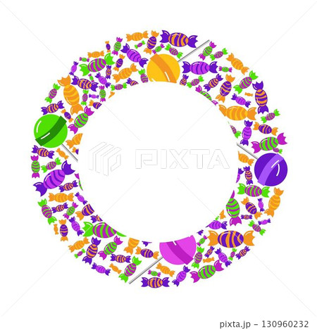 Circle frame with candies and lollypops. Happy Sweetest Day and halloween. Vector background. Template for posters, postcards, cards, banners, packaging, menu 130960232