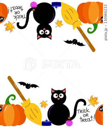 Halloween frame border and divider with vector silhouettes of pumpkins, witch hat, bat, candle, potion, broom. Halloween cartoon holiday web banner border Halloween frame border and divider with vector silhouettes of pumpkins, witch hat, bat, candle, potion, broom. Halloween cartoon holiday web banner border 130960233