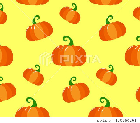 Cosy autumn pumpkins pattern on yellow background. Orange cartoon pumpkins. Cute design for wrappin, decoration, home decor, kids textile Cosy autumn pumpkins pattern on yellow background. Orange cartoon pumpkins. Cute design for wrappin, decoration, home decor, kids textile 130960261
