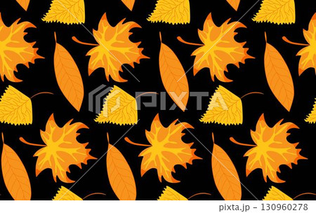 Seamless autumn pattern with leaves orange on dark background vector illustration 130960278