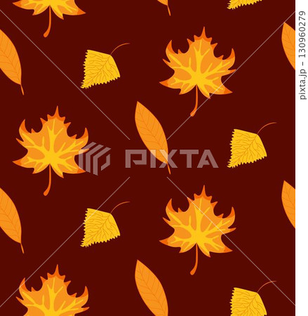 Seamless pattern with autumn oak leaves in red, yellow and orange. vector cartoon illustration. Perfect for wallpaper, gift paper, textile, greeting cards. 130960279