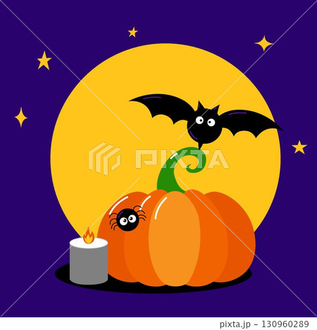 Halloween illustration with pumpkin, full moon, bat, spider, candle composition and happy halloween typography. vector illustration 130960289