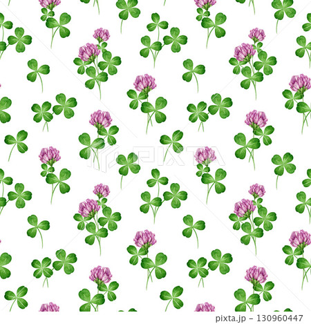 Red clover medicinal plant seamless pattern on white background. Hand drawn Trifolium pratense watercolor illustration. Red clover herb flowers, leaves seamless pattern decor element 130960447