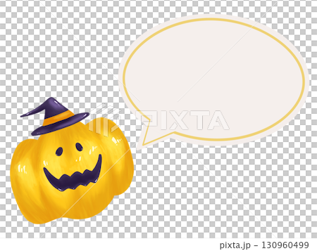 Yellow jack-o'-lantern with a hat and a speech bubble Yellow jack-o'-lantern with a hat and a speech bubble 130960499