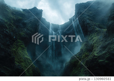 Majestic waterfall cascading through a deep gorge in a misty landscape 130960581