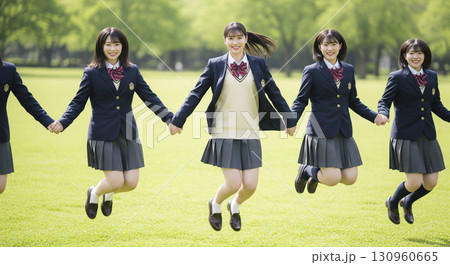 芝生の上でジャンプする女子高生 130960665