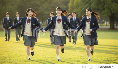 芝生の上で駆け足で走る高校生の男女 芝生の上で駆け足で走る高校生の男女 130960671