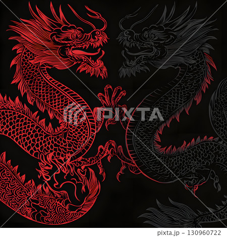 赤と黒の龍が向かい合うイラスト。力強さ・対立・バランスを象徴する和風デザイン 赤と黒の龍が向かい合うイラスト。力強さ・対立・バランスを象徴する和風デザイン 130960722