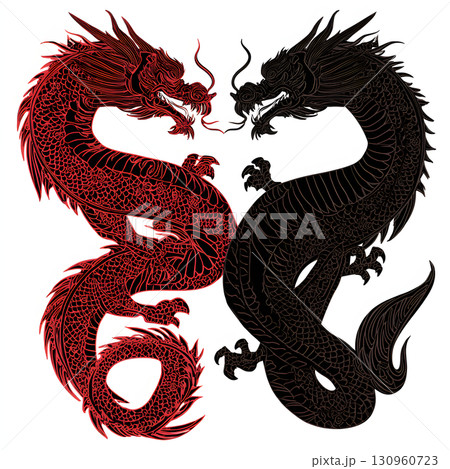 赤と黒の龍が向かい合うイラスト。力強さ・対立・バランスを象徴する和風デザイン 赤と黒の龍が向かい合うイラスト。力強さ・対立・バランスを象徴する和風デザイン 130960723