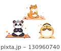 ヨガポーズをするかわいい柴犬とパンダと小鳥キャラクターイラスト（健康・リラックス・秋） 130960740