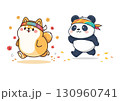 秋のジョギングを楽しむかわいい柴犬とパンダのキャラクターイラスト（白背景・健康・運動） 130960741
