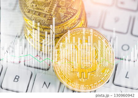 Modern way of exchange. Bitcoin is convenient payment in global economy market. Virtual digital currency and financial investment trade concept. Abstract cryptocurrency with gold bitcoin background. Modern way of exchange. Bitcoin is convenient payment in global economy market. Virtual digital currency and financial investment trade concept. Abstract cryptocurrency with gold bitcoin background. 130960942