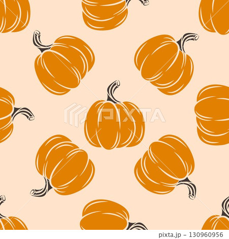 Cozy pumpkin autumn seamless pattern. Fall background with ripe orange pumpkins. Print for textiles, packaging, paper, vector graphics Cozy pumpkin autumn seamless pattern. Fall background with ripe orange pumpkins. Print for textiles, packaging, paper, vector graphics 130960956